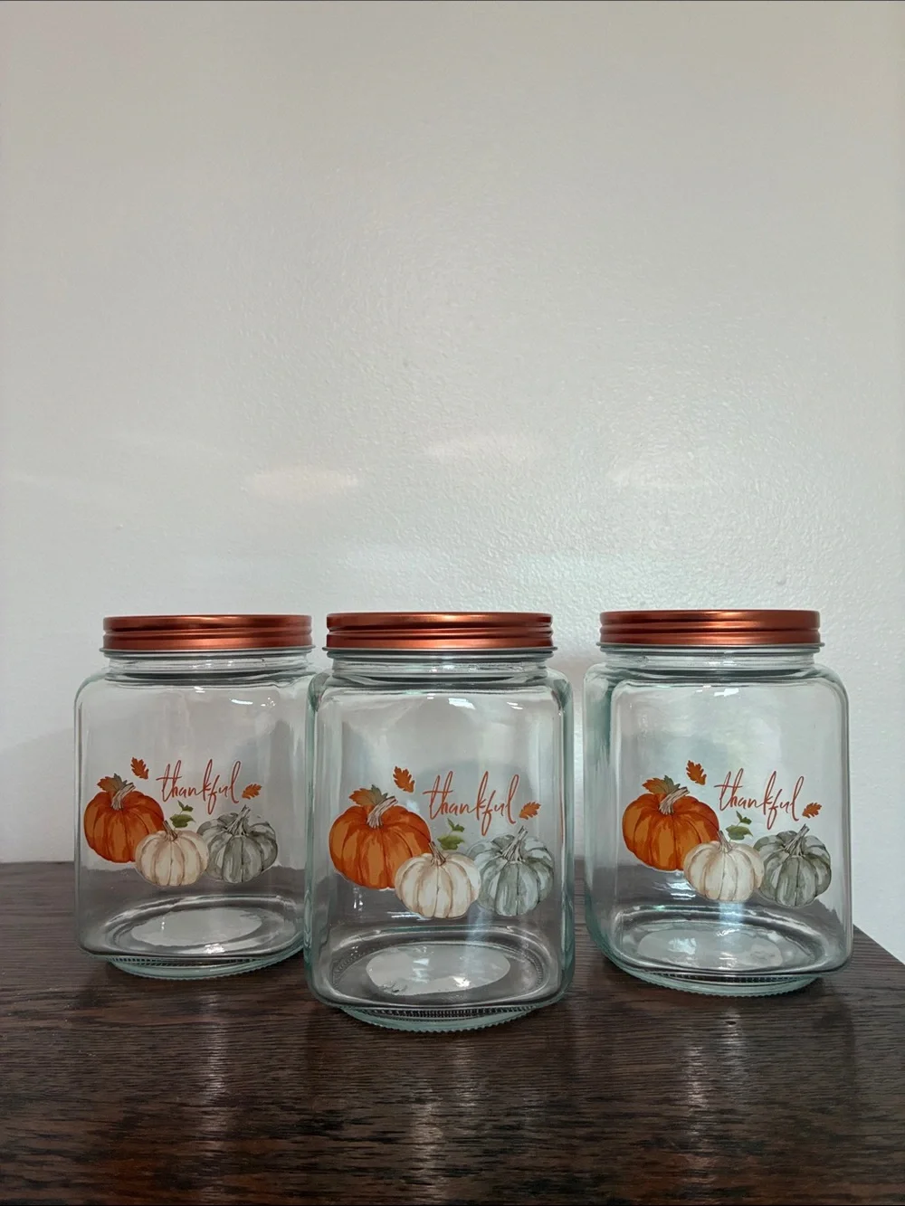 NWT- Set of 3- THANKFUL- Pumpkin Trio Harvest Glass Jars w/ Screw On Copper Lid
